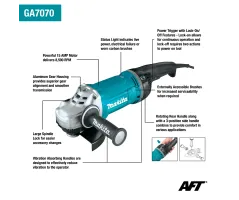 Makita GA7070X1 Angle Grinder | 2,400W - 8,500 RPM - 180mm (7'') Disc